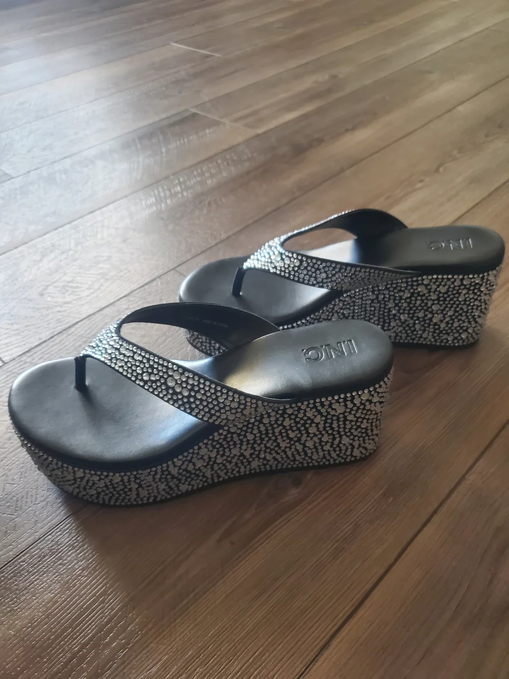 INC International Concepts Black Platform Flip Flops with Silver Rhinestones - Picture 3 of 7